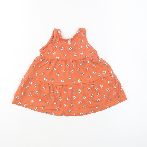 Primark Girls Orange Geometric Cotton Skater Dress Size 6-9 Months Round Neck Button - Daisy Print