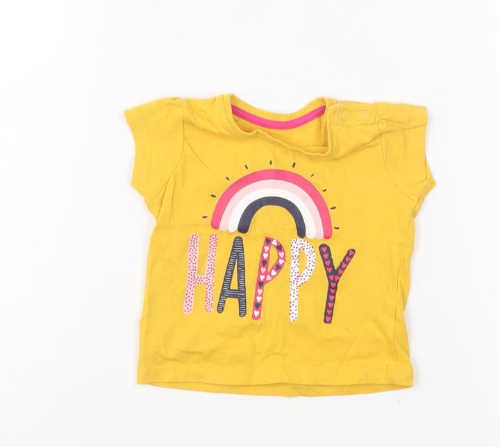 Primark Girls Yellow Cotton Basic T-Shirt Size 3-6 Months Round Neck Pullover - Happy