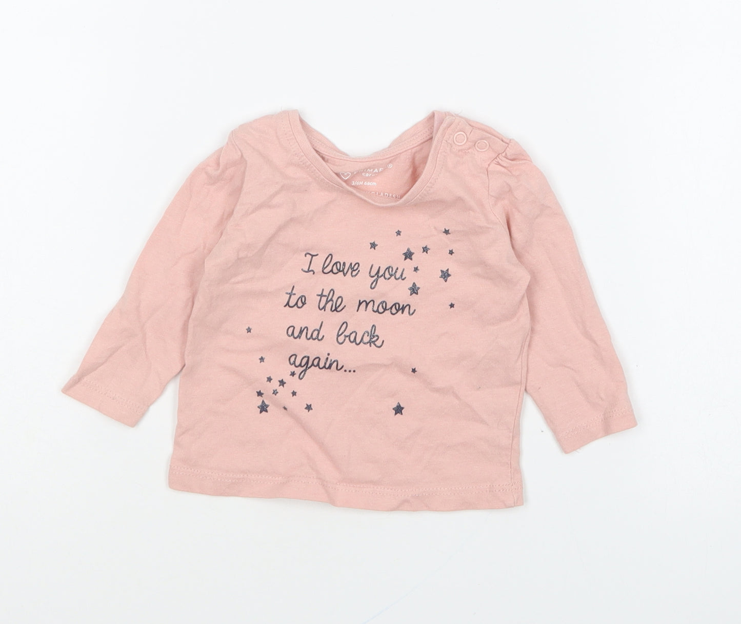 Primark Girls Pink Cotton Basic T-Shirt Size 3-6 Months Round Neck Pullover - I Love You To The Moon And Back
