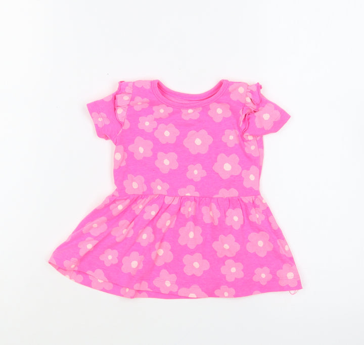 Dunnes Stores Girls Pink Geometric Cotton Skater Dress Size 6-9 Months Round Neck Pullover