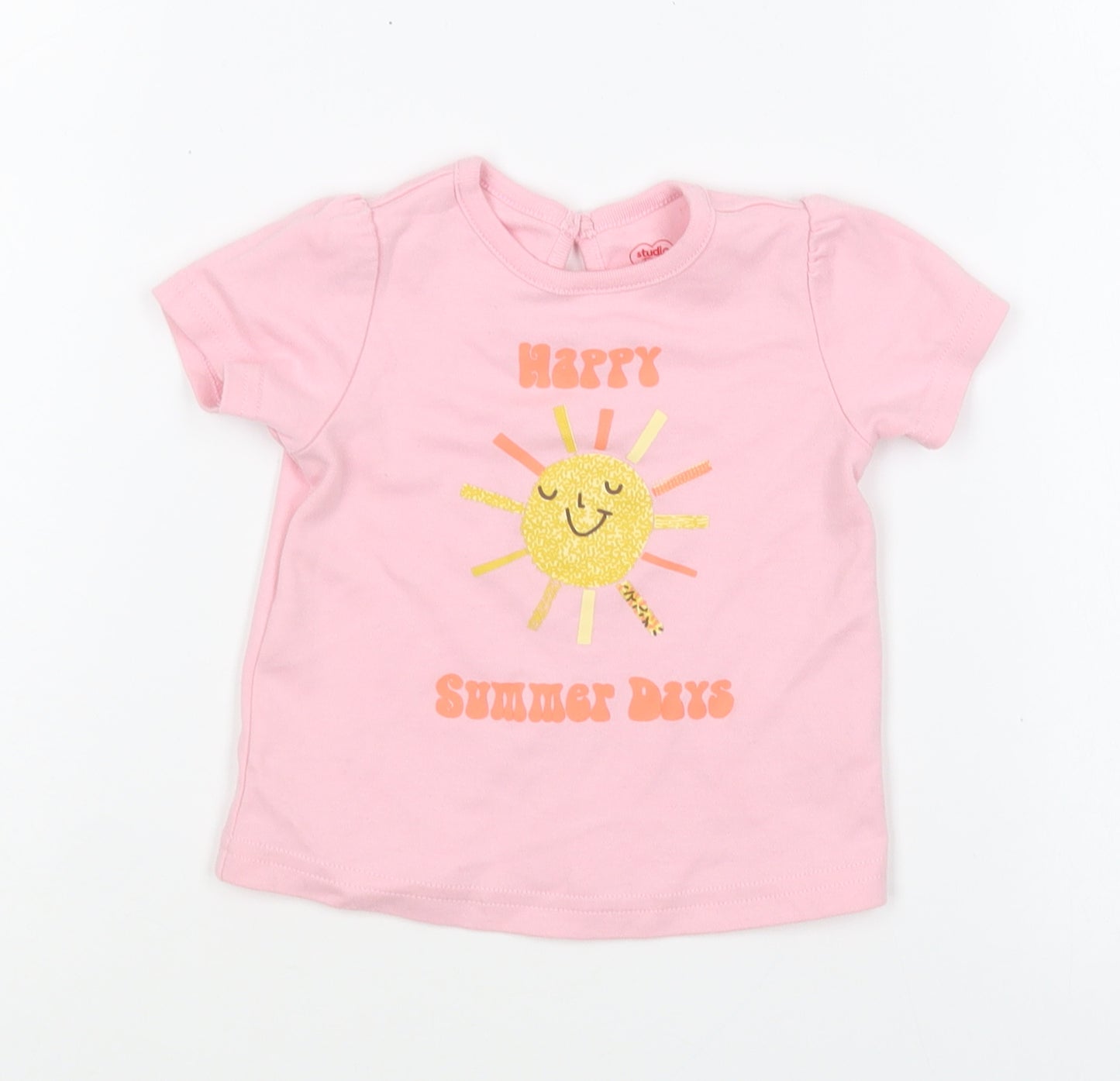 Studio Girls Pink Cotton Basic T-Shirt Size 6-9 Months Round Neck Button - Happy Summer Days