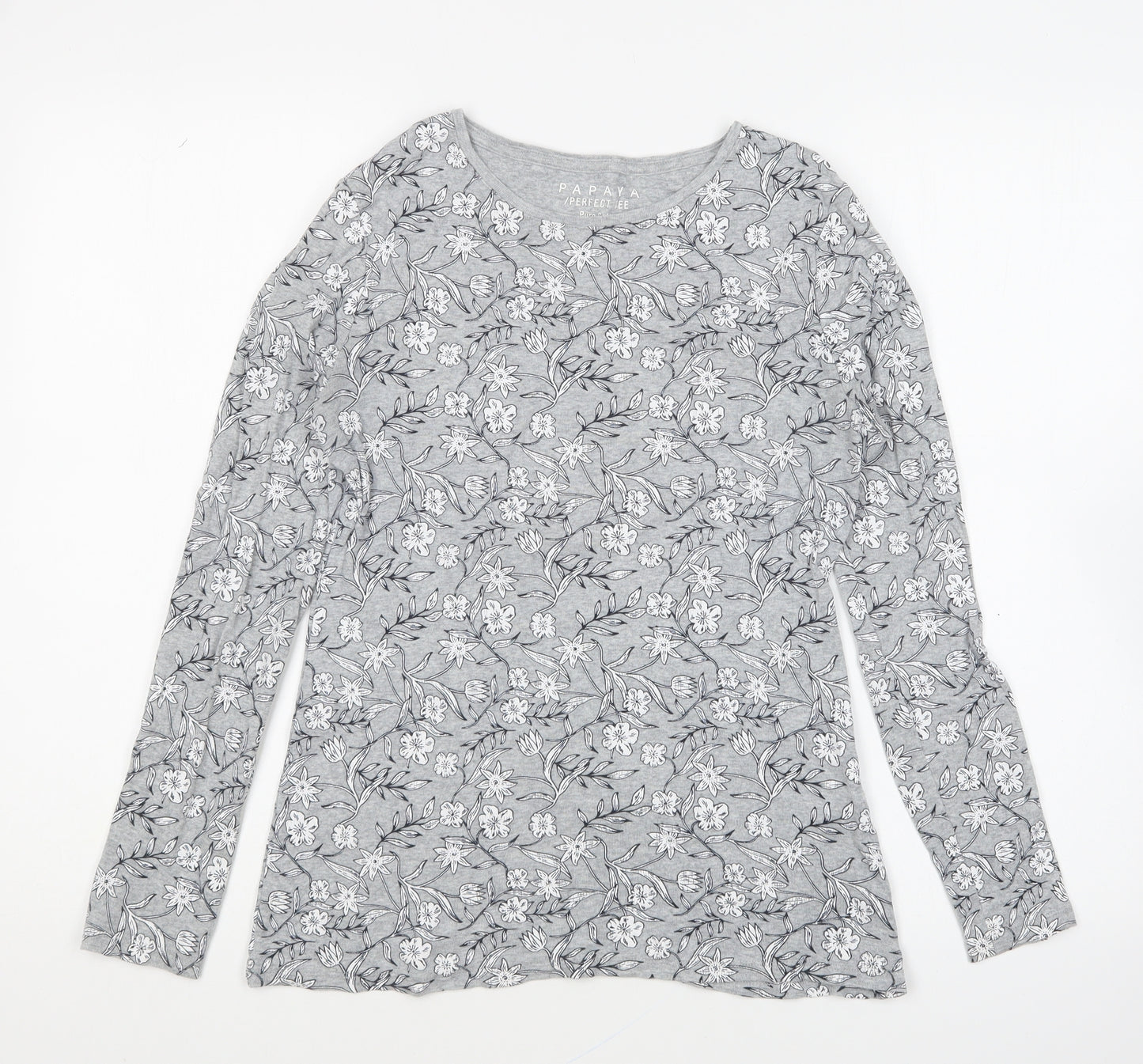 Papaya Womens Grey Floral Cotton Basic T-Shirt Size 10 Round Neck