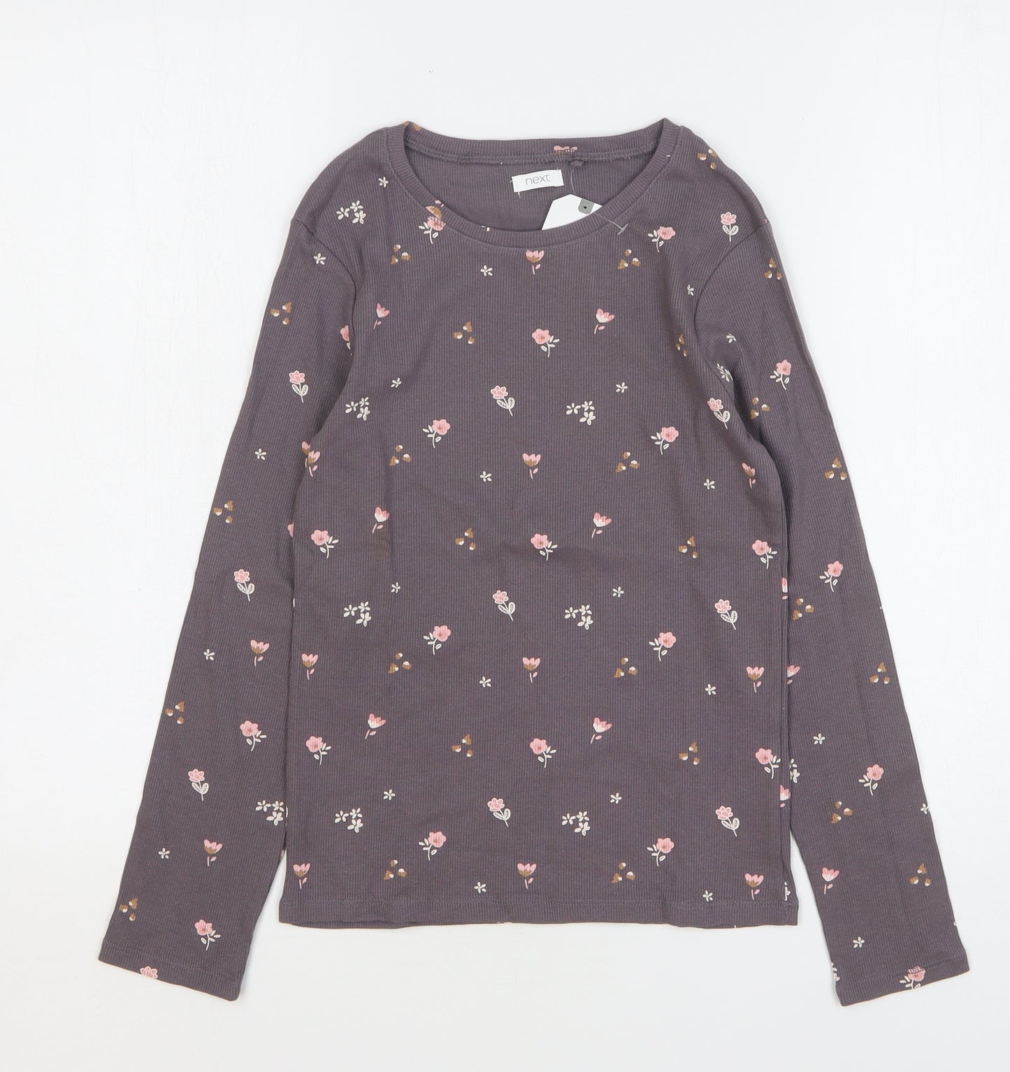 NEXT Girls Brown Floral Cotton Basic T-Shirt Size 11 Years Round Neck Pullover