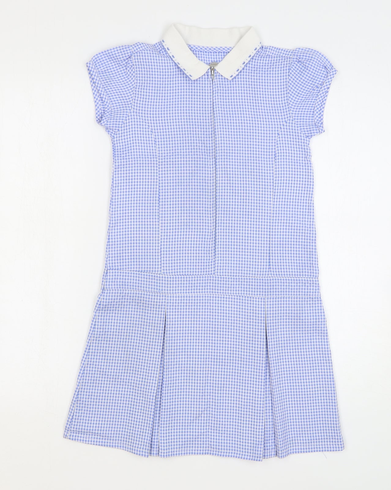 Dunnes Stores Girls Blue Check Viscose Shift Size 7-8 Years Collared Zip