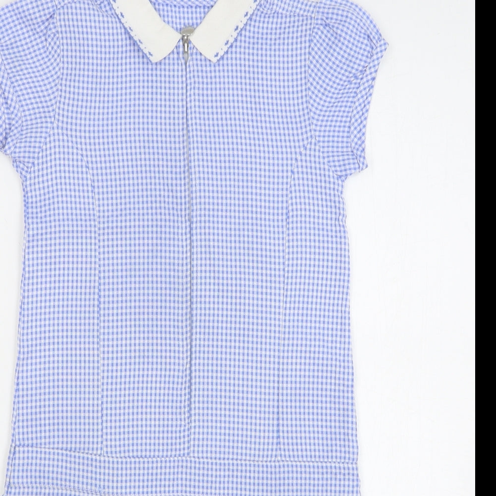Dunnes Stores Girls Blue Check Viscose Shift Size 7-8 Years Collared Zip