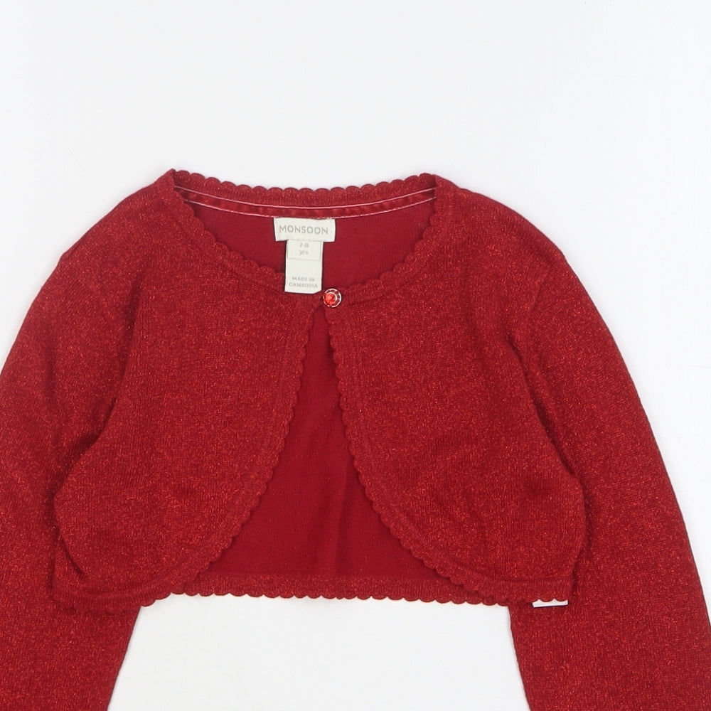 Monsoon Girls Red Round Neck Cotton Cardigan Jumper Size 7-8 Years Button