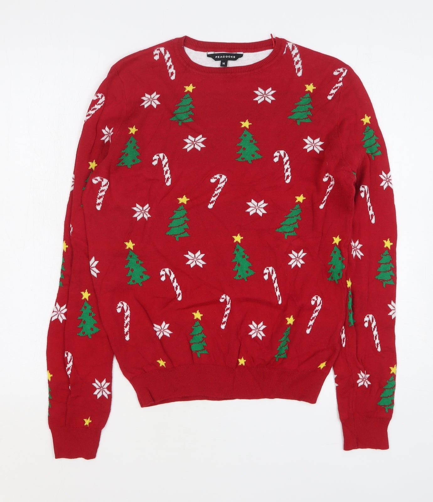 Peacocks Womens Red Round Neck Geometric Cotton Pullover Jumper Size 14 - Christmas Tree