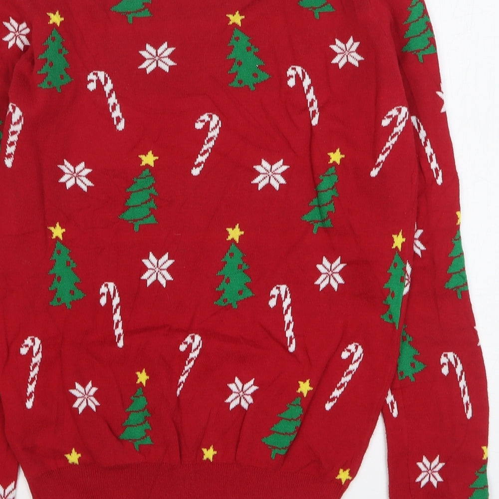 Peacocks Womens Red Round Neck Geometric Cotton Pullover Jumper Size 14 - Christmas Tree