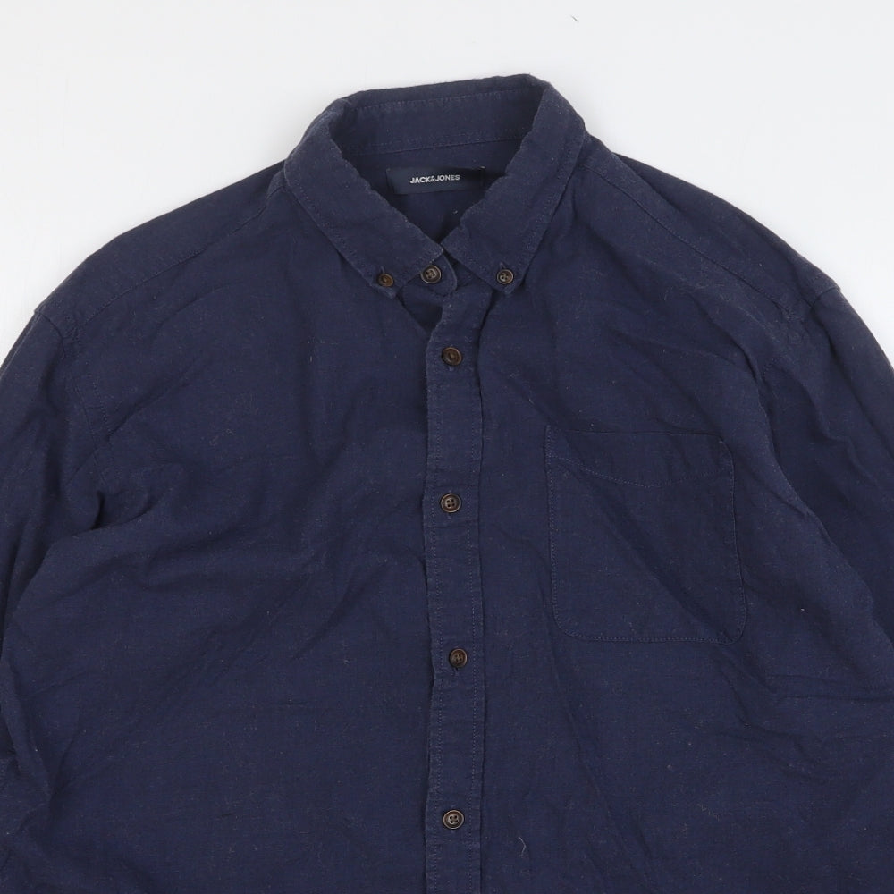 JACK & JONES Mens Blue Cotton Button-Up Size L Collared Button