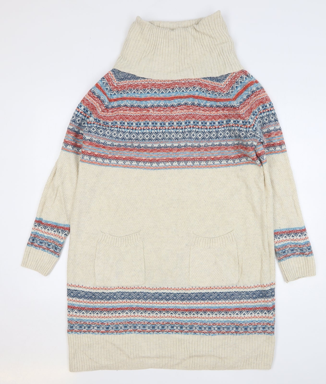 Marks and Spencer Womens Beige Fair Isle Viscose Jumper Dress Size 18 Roll Neck Pullover