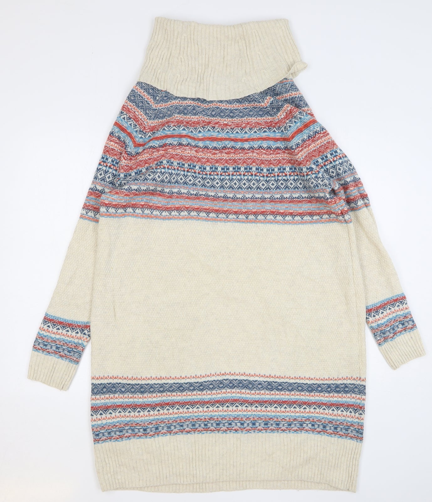 Marks and Spencer Womens Beige Fair Isle Viscose Jumper Dress Size 18 Roll Neck Pullover