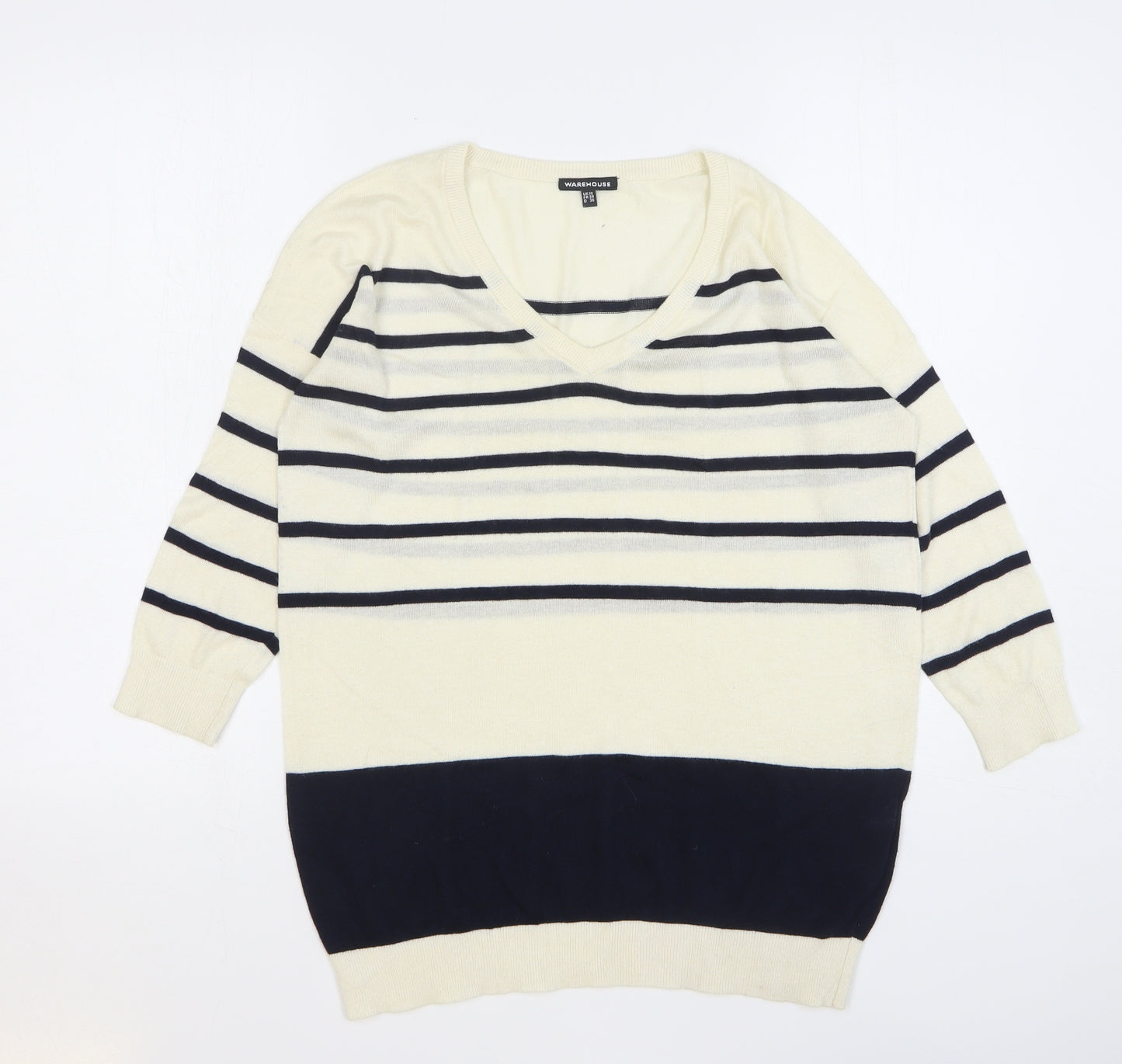 Warehouse Womens Beige V-Neck Striped Viscose Pullover Jumper Size 10