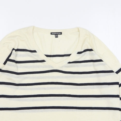 Warehouse Womens Beige V-Neck Striped Viscose Pullover Jumper Size 10