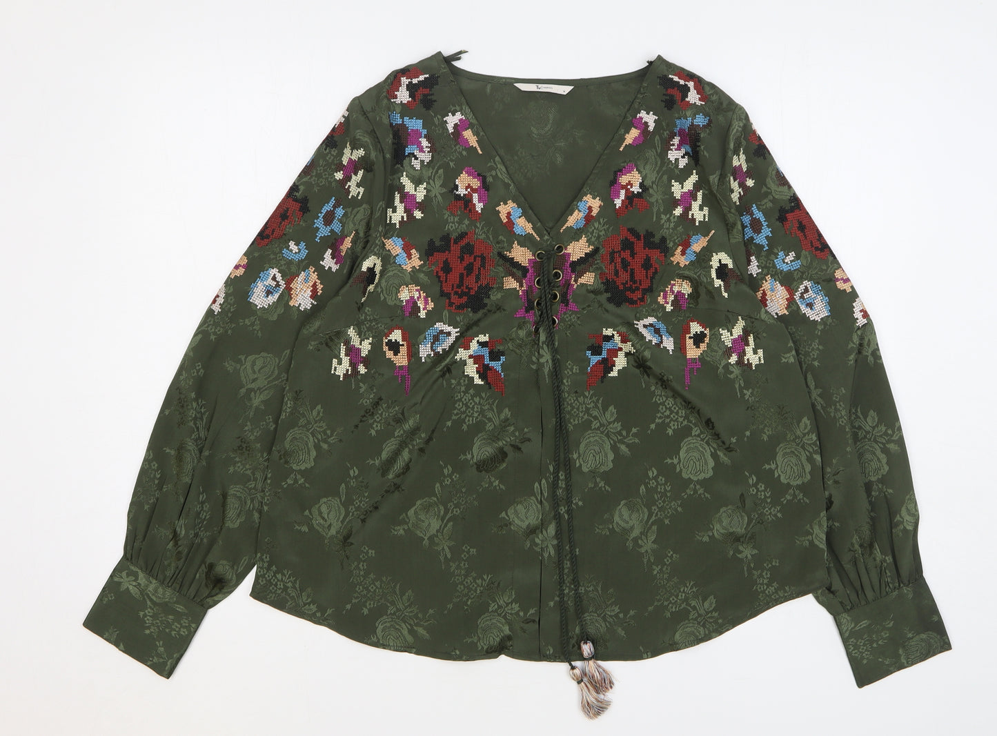 TU Womens Green Geometric Polyester Basic Blouse Size 14 V-Neck