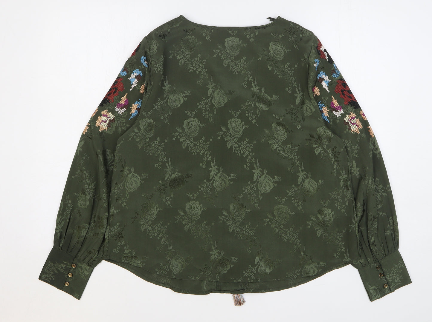 TU Womens Green Geometric Polyester Basic Blouse Size 14 V-Neck