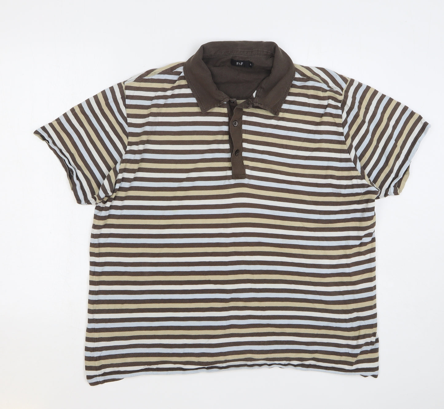 F&F Mens Multicoloured Striped Cotton Polo Size XL Collared Button