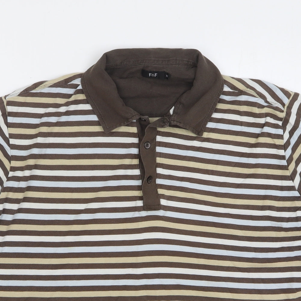 F&F Mens Multicoloured Striped Cotton Polo Size XL Collared Button
