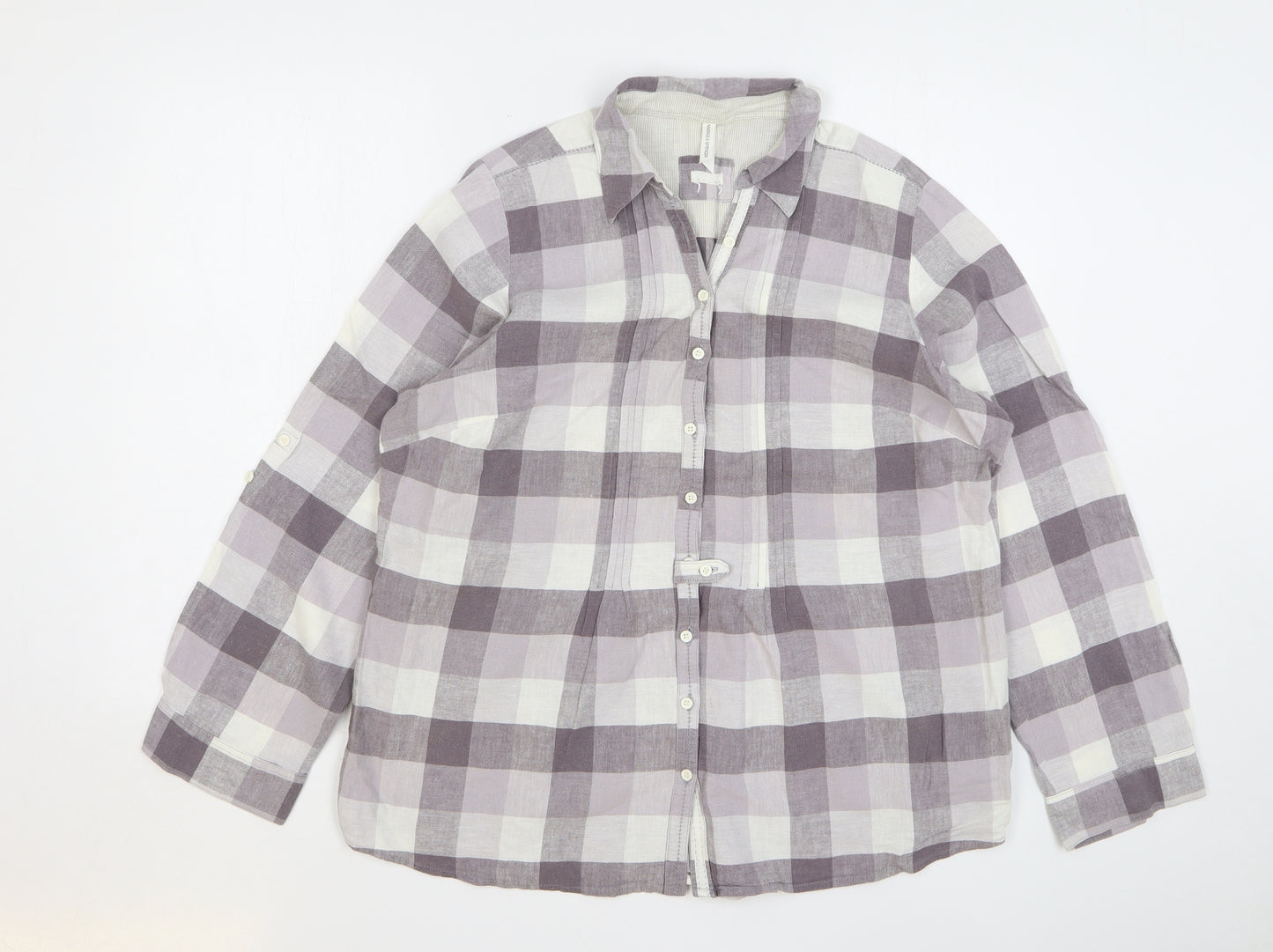 Marks and Spencer Womens Grey Check Linen Basic Button-Up Size 18 Collared