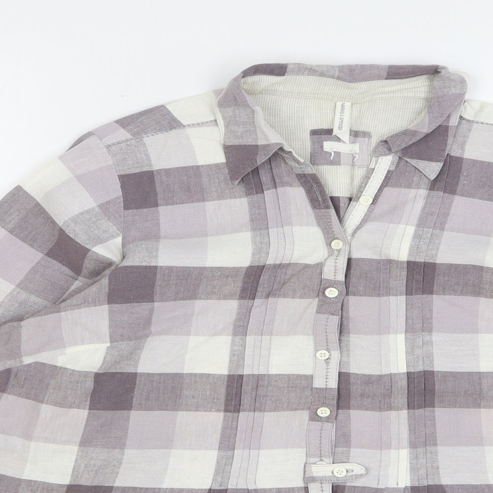 Marks and Spencer Womens Grey Check Linen Basic Button-Up Size 18 Collared