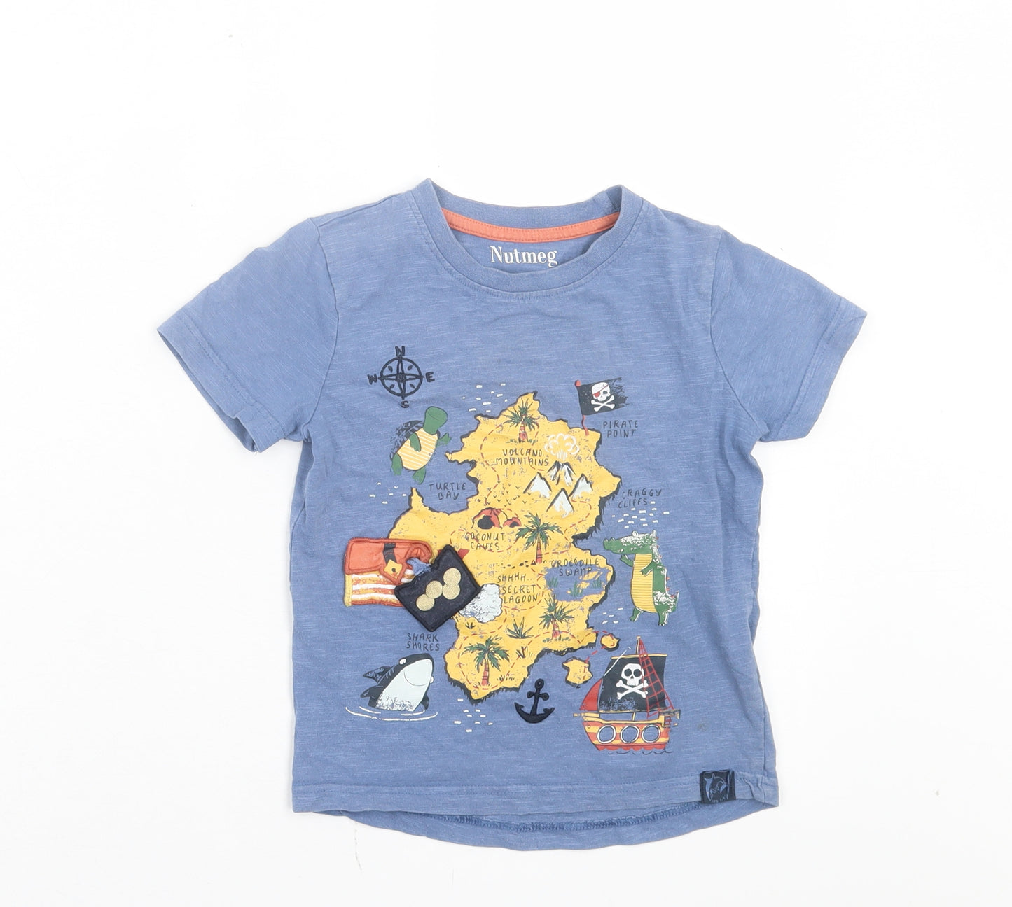 Nutmeg Boys Blue Cotton Basic T-Shirt Size 3-4 Years Crew Neck Pullover - Pirates Map