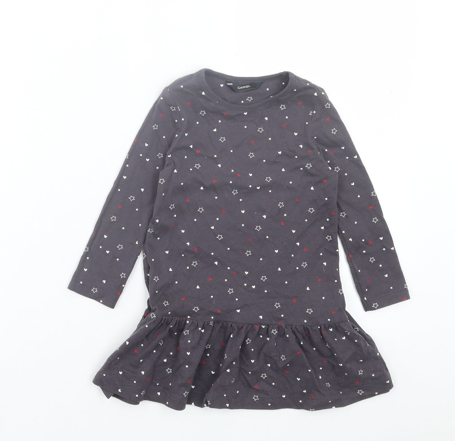George Girls Grey Geometric Cotton A-Line Size 2 Years Crew Neck Pullover - Heart Print