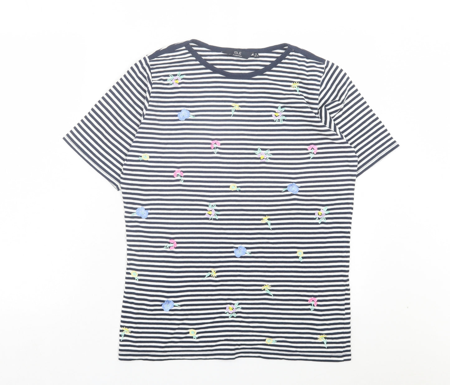 EWM Womens Blue Striped Cotton Basic T-Shirt Size M Crew Neck - Floral Detail