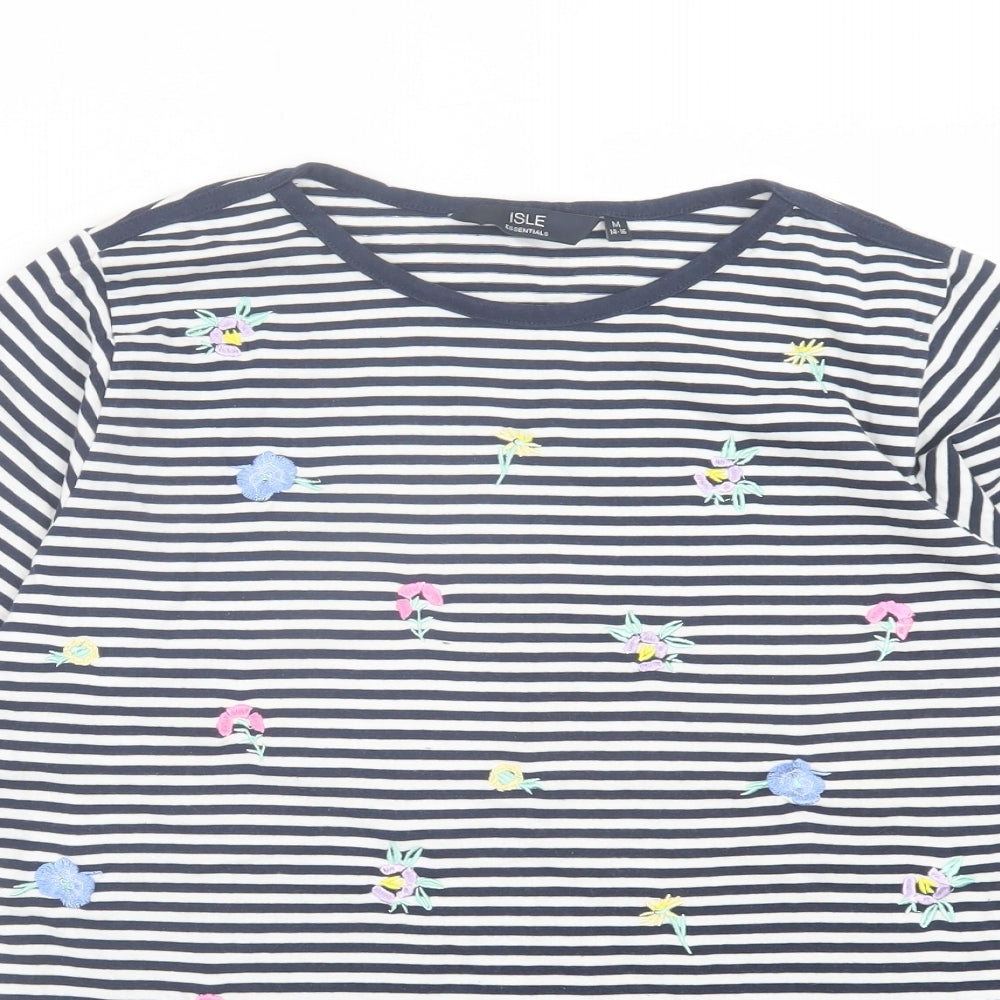 EWM Womens Blue Striped Cotton Basic T-Shirt Size M Crew Neck - Floral Detail