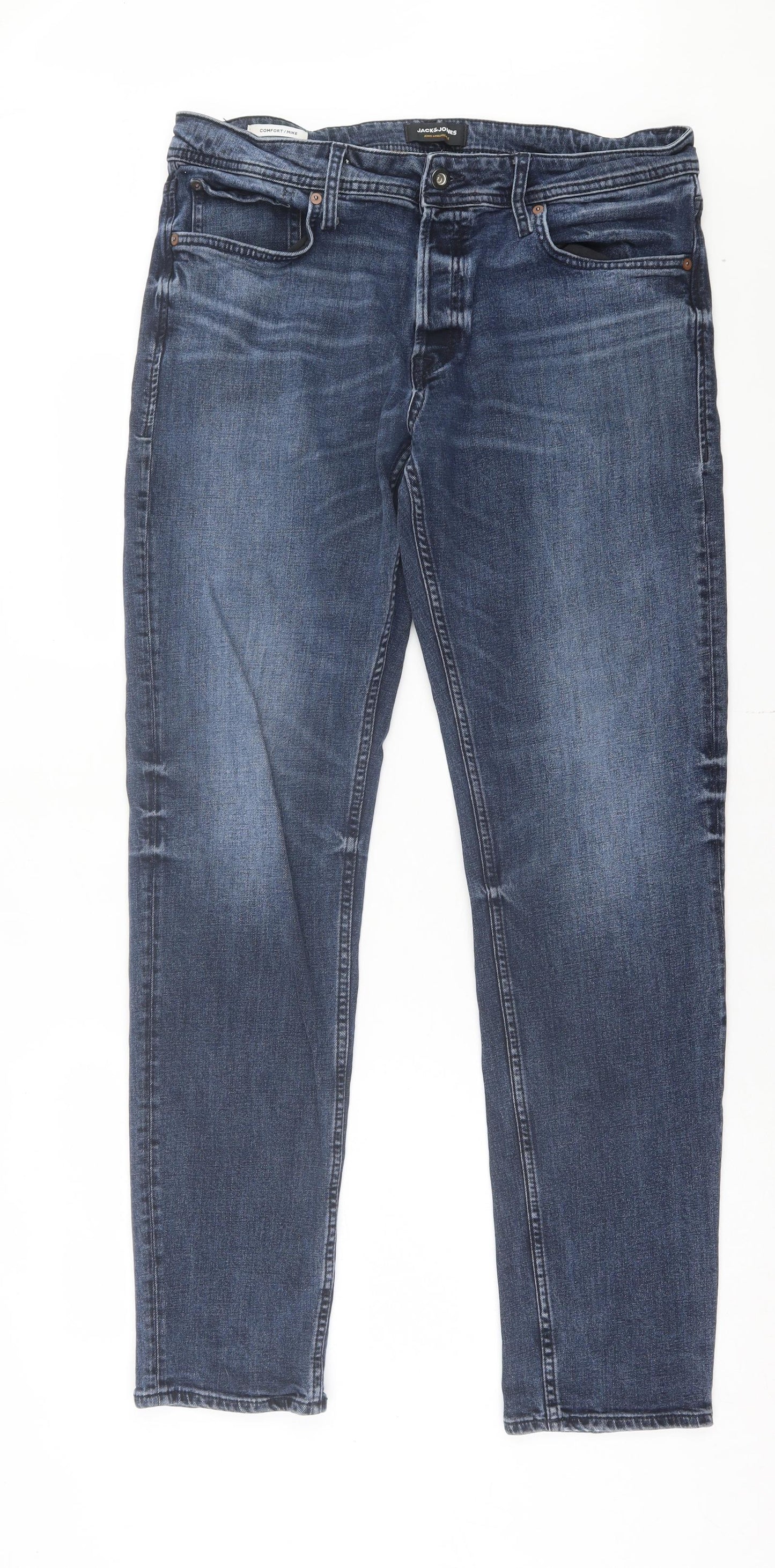 JACK & JONES Mens Blue Cotton Straight Jeans Size 34 in L34 in Regular Button