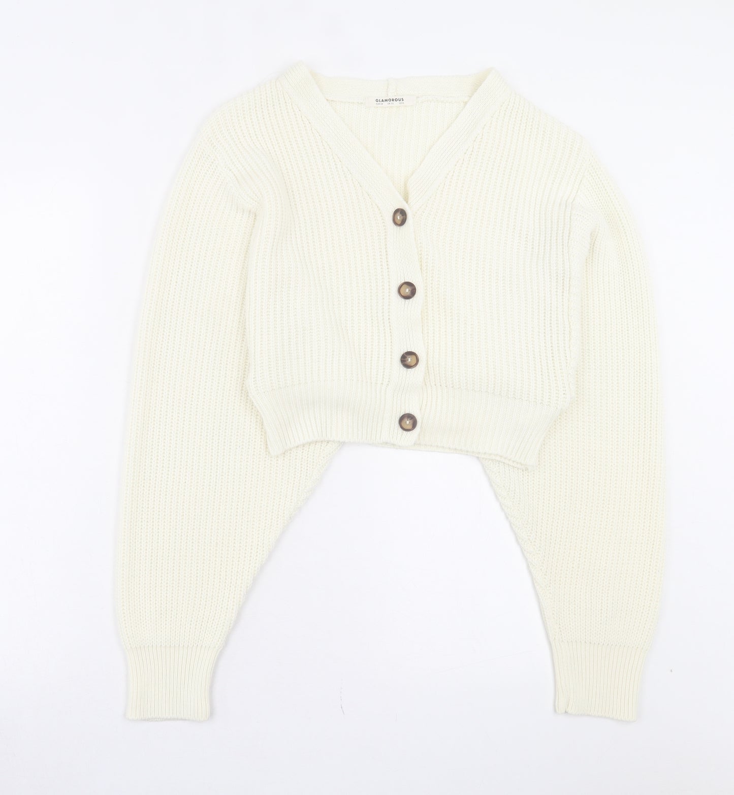 Glamorous Womens Ivory V-Neck Acrylic Cardigan Jumper Size 10