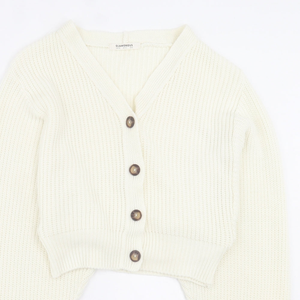 Glamorous Womens Ivory V-Neck Acrylic Cardigan Jumper Size 10