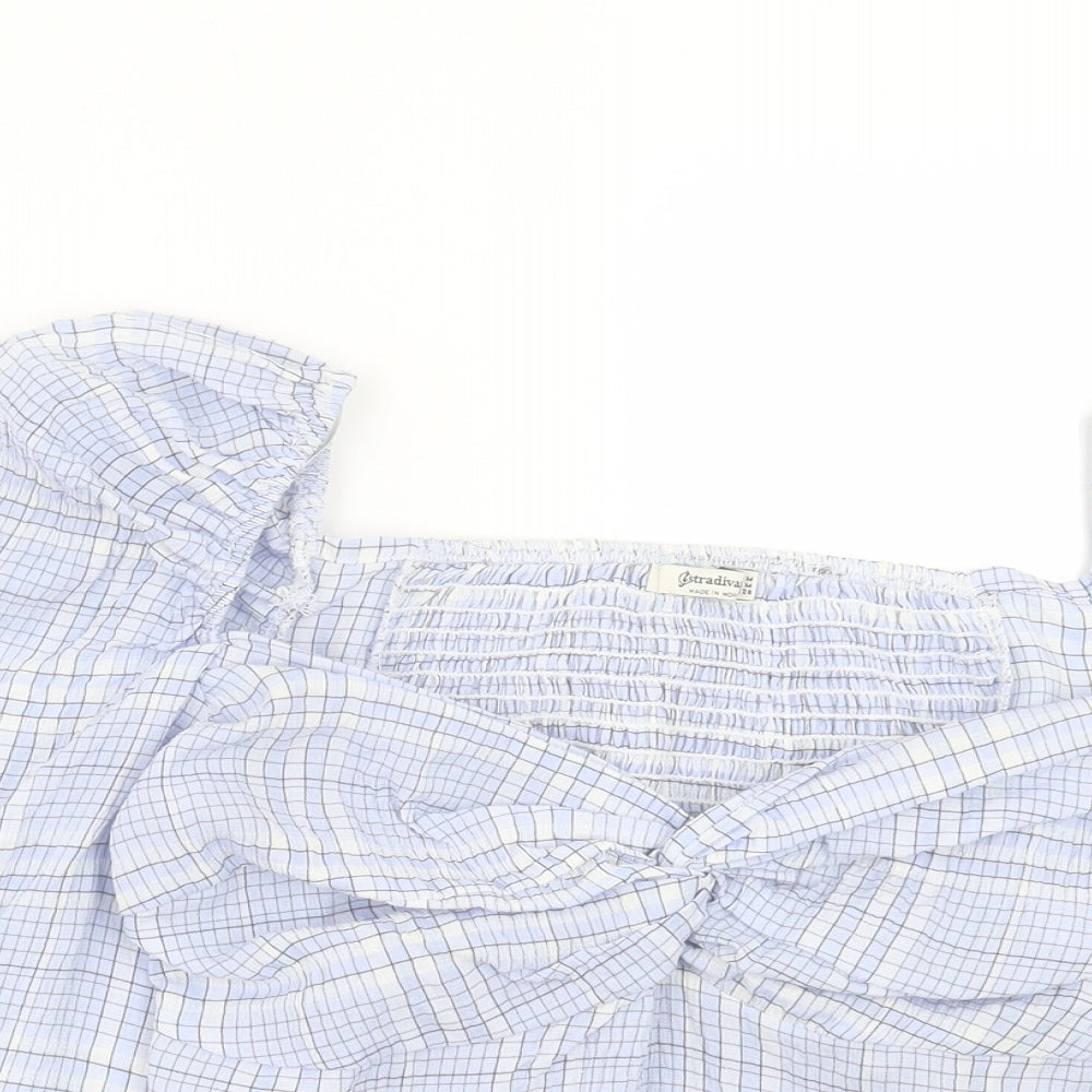 Stradivarius Womens Blue Plaid Cotton Cropped Blouse Size M Sweetheart - Twist Front