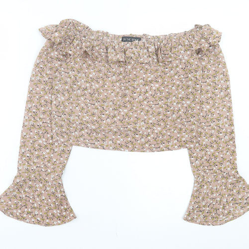 In the Style Womens Brown Floral Polyester Cropped Blouse Size 10 Off the Shoulder
