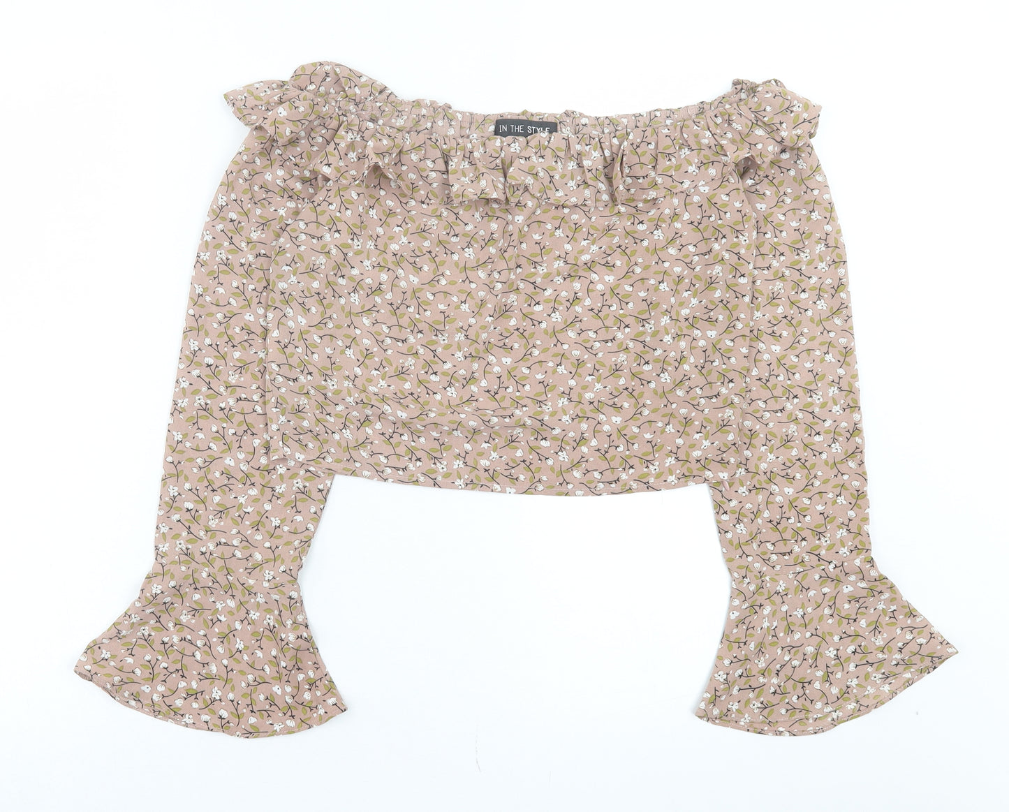 In the Style Womens Brown Floral Polyester Cropped Blouse Size 10 Off the Shoulder