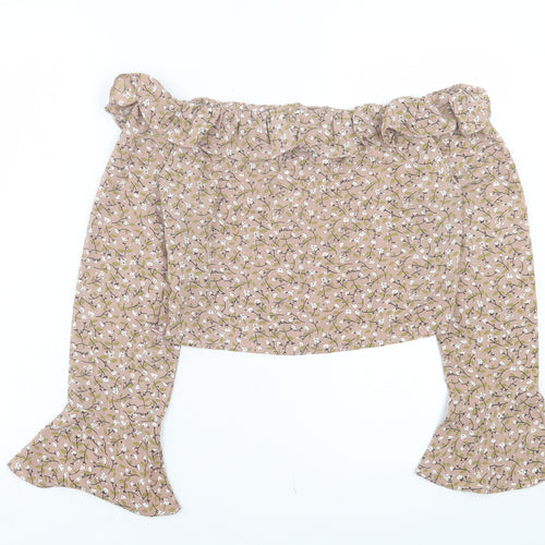 In the Style Womens Brown Floral Polyester Cropped Blouse Size 10 Off the Shoulder