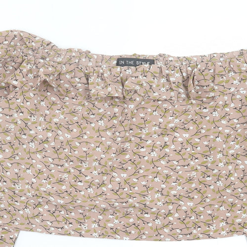 In the Style Womens Brown Floral Polyester Cropped Blouse Size 10 Off the Shoulder