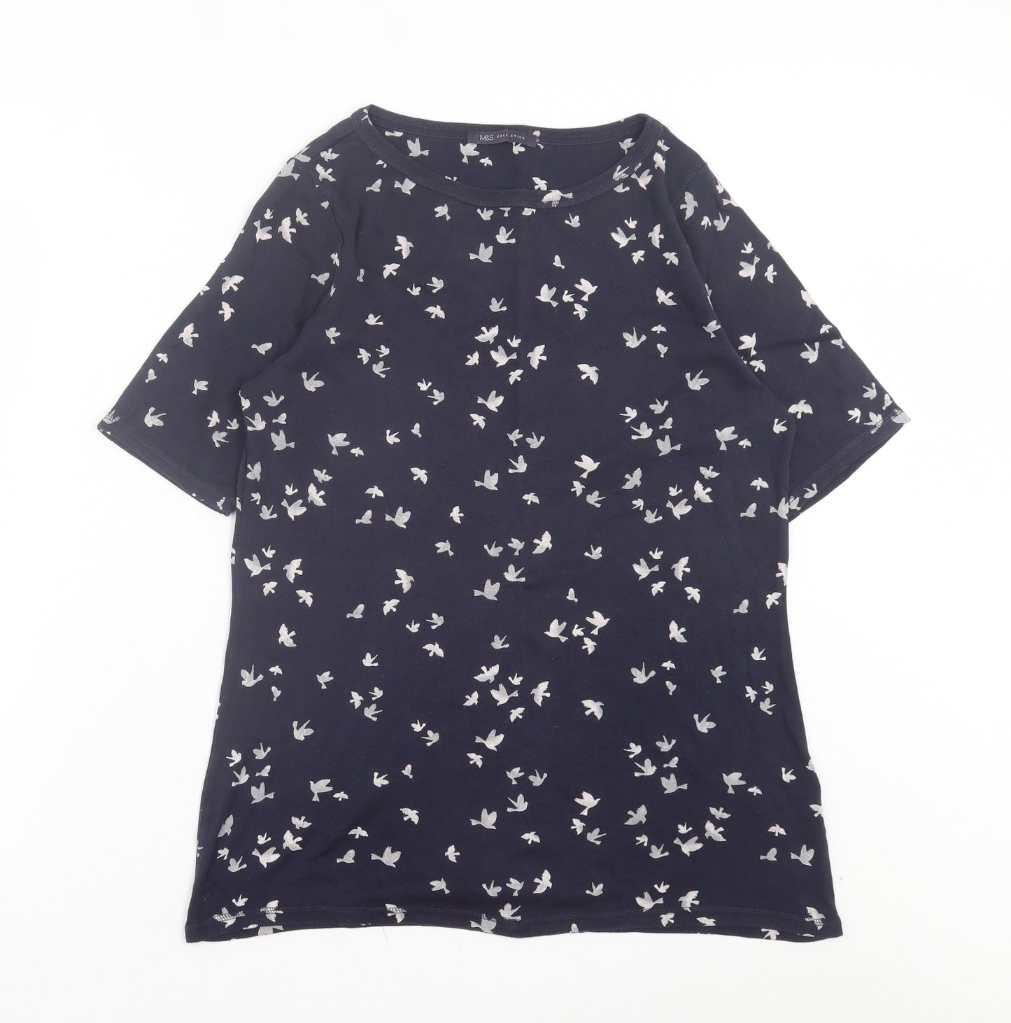 Marks and Spencer Womens Blue Geometric Cotton Basic T-Shirt Size 16 Crew Neck - Bird Pattern