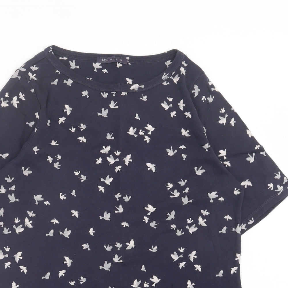 Marks and Spencer Womens Blue Geometric Cotton Basic T-Shirt Size 16 Crew Neck - Bird Pattern