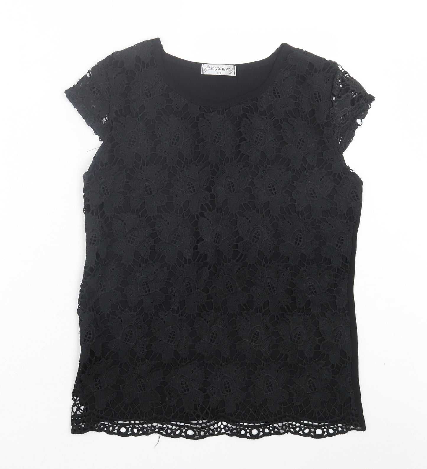 Rio Yangtse Womens Black Floral Polyester Basic T-Shirt Size L Crew Neck