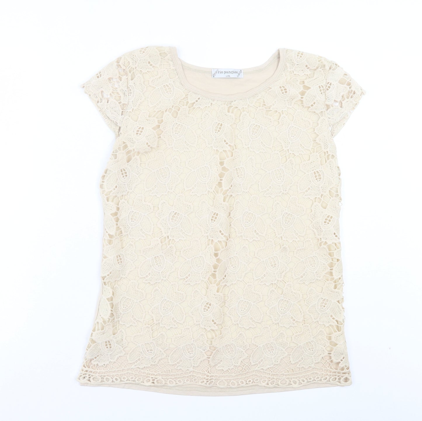 Rio Yangtse Womens Beige Floral Polyester Basic Blouse Size L Crew Neck