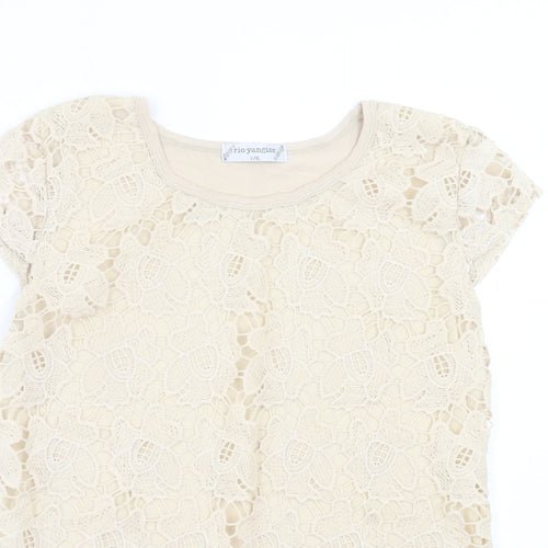 Rio Yangtse Womens Beige Floral Polyester Basic Blouse Size L Crew Neck