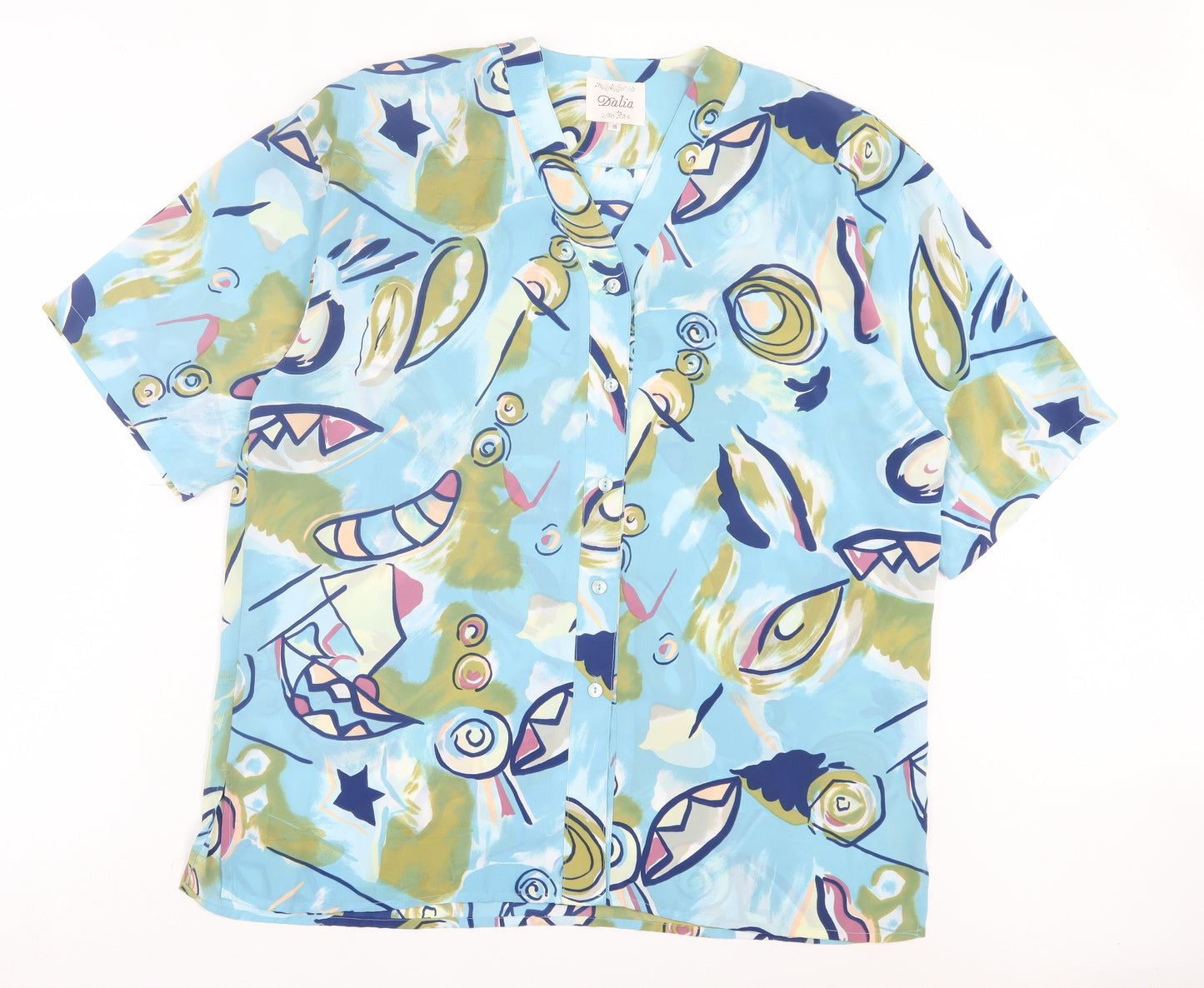 Dalia Womens Blue Geometric Polyester Basic Button-Up Size 18 V-Neck