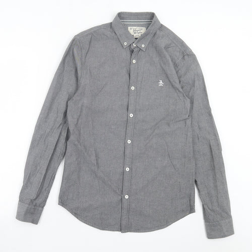 Penguin Mens Grey Cotton Button-Up Size S Collared Button