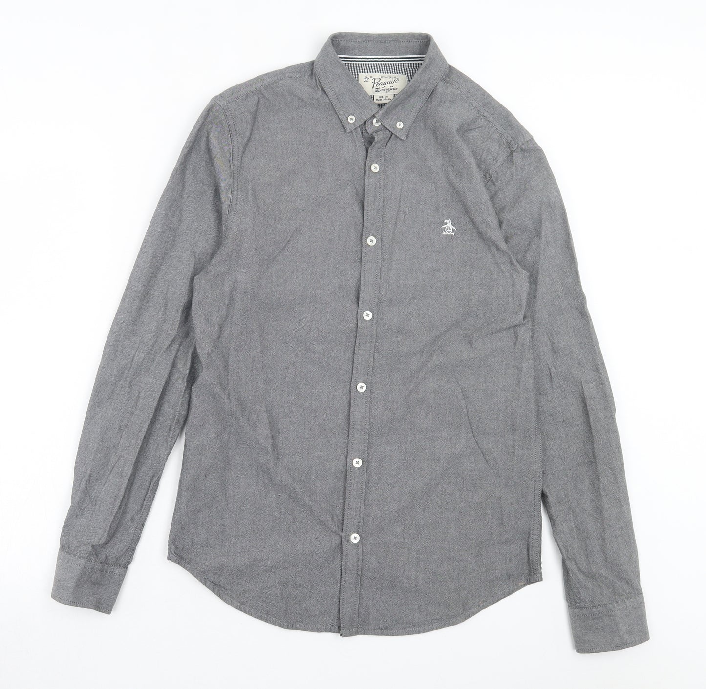 Penguin Mens Grey Cotton Button-Up Size S Collared Button