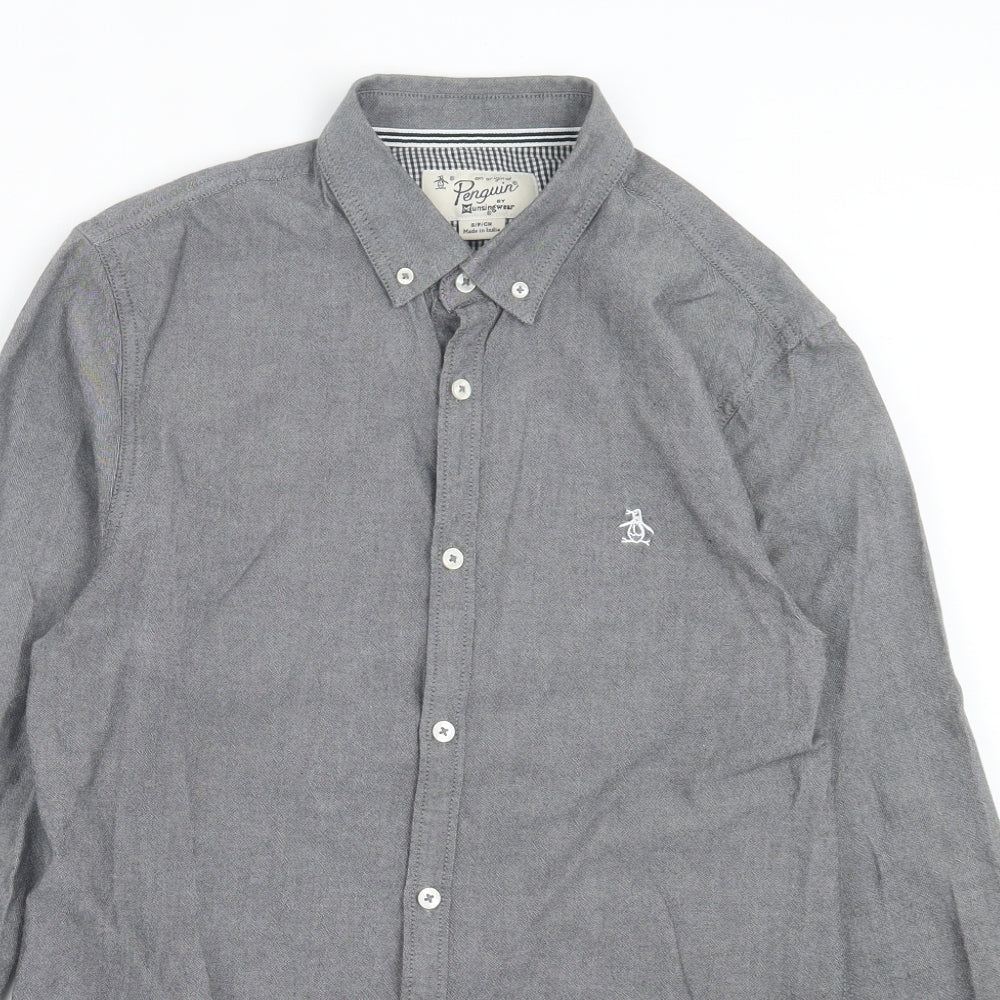 Penguin Mens Grey Cotton Button-Up Size S Collared Button