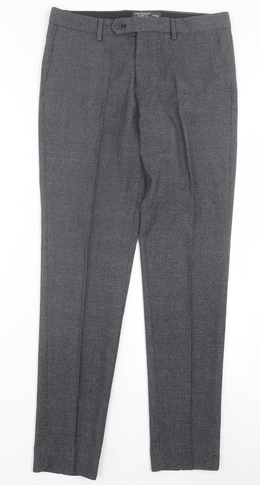 Primark Mens Grey Plaid Polyester Trousers Size 32 in L32 in Regular Button