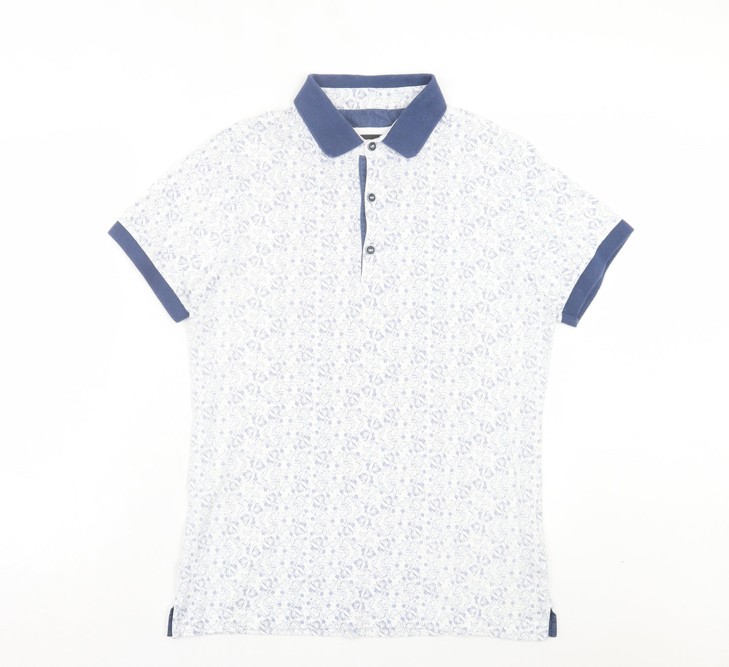 REMUS Mens Blue Floral Cotton Polo Size M Collared Button