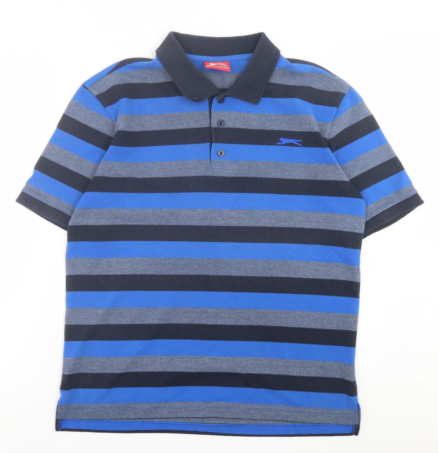 Slazenger Mens Blue Striped Polyester Polo Size M Collared Button