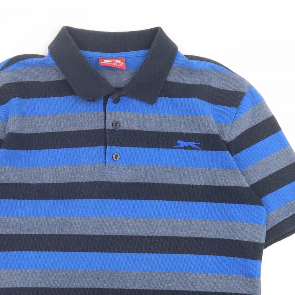 Slazenger Mens Blue Striped Polyester Polo Size M Collared Button