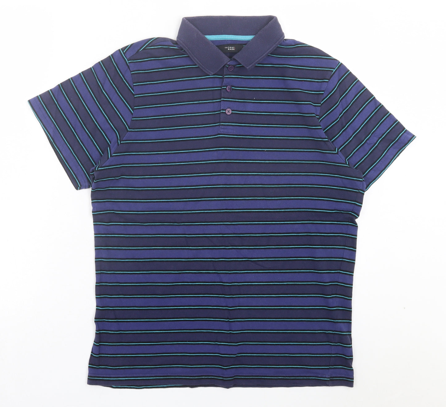 Thomas Nash Mens Purple Striped Polyester Polo Size S Collared Button