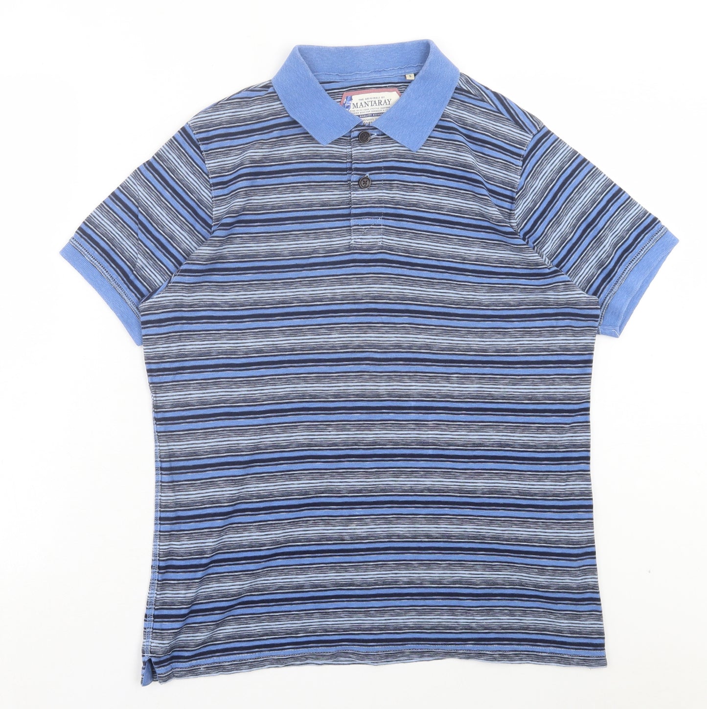 MANTARAY PRODUCTS Mens Blue Striped Cotton Polo Size S Collared Button